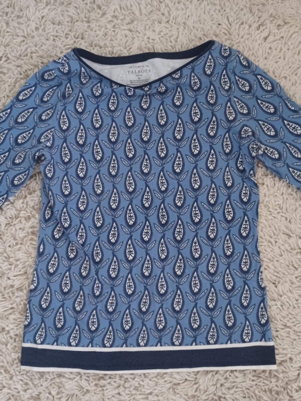 Talbots Petite Small Blue Print Top The Talbots Tee 3/4 Sleeve Cotton Stretch